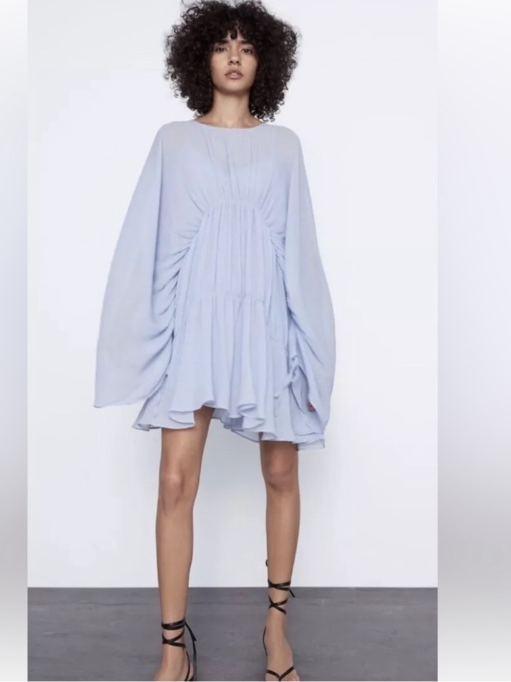 Zara Pale Blue Ruched Mini Dress with Draped Statement Sleeves